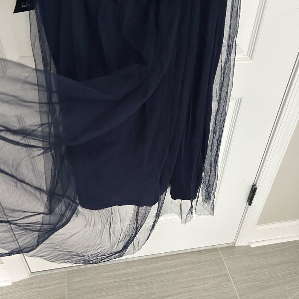 Lulus Romantic Navy Tulle Pleated Puff Sleeve Midi Dress Medium New with Tag - Picture 11 of 13
